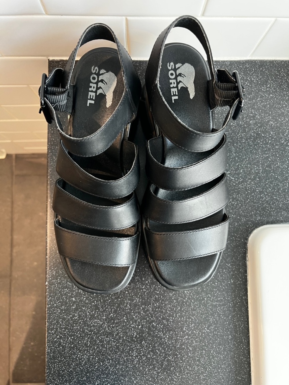 Sorel Black Strappy Wedge Sandals - Picture 6 of 9